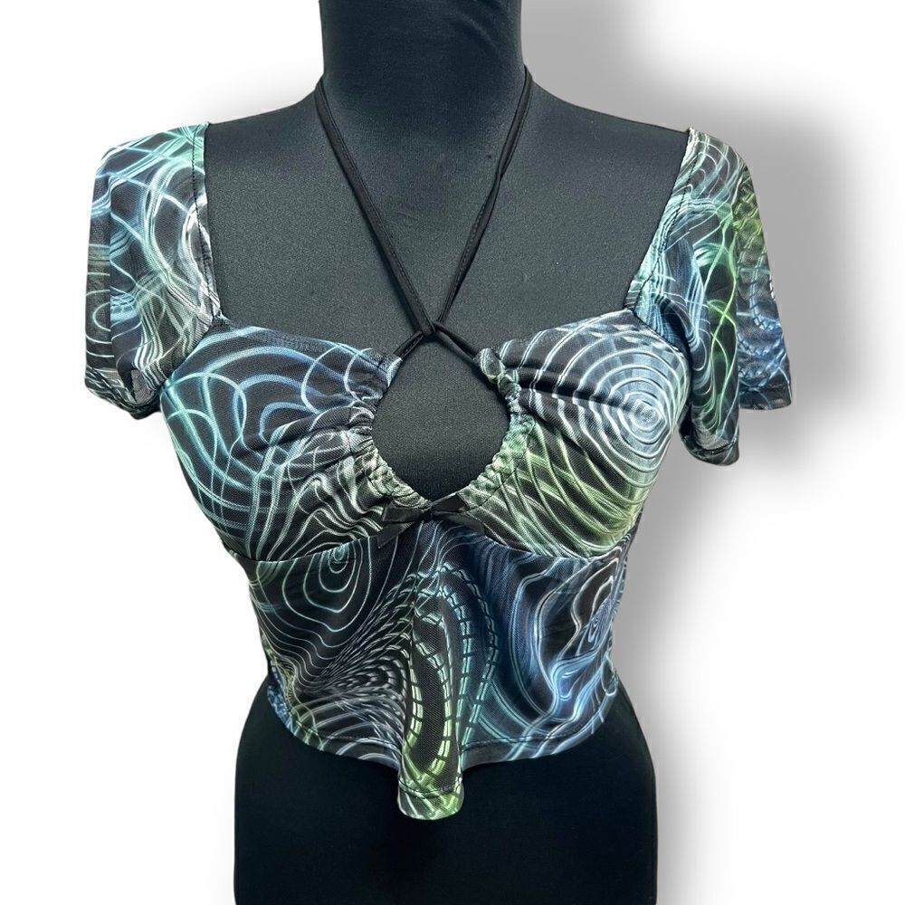 Horoscopez x Dolls Kill y2k inspired mesh stretch crop top sz M